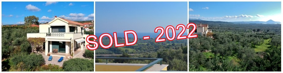 [SOLD] Villa Tragana ref.111: Magnificent panoramic sea views, very close to signature golf courses, plot 2600 m² + another bordering plot of 2600 m² with building permit, living area of 220 m², 4 bedrooms, 3 bathrooms, paved yard, garden, olive trees, internal garage, parking area
