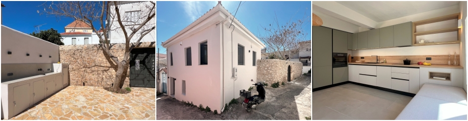 Methoni Cottage Ref. 412: Charmantes Steinhaus im Herzen des historischen Methoni, komplett renoviert, Grundstücksgröße 170,65 m², Gesamtwohnfläche 130,97 m², Obergeschoss mit 2 Schlafzimmern, Küche & Badezimmer, untere Etage unabhängiges Studio mit Küche & Badezimmer, schöner eingezäunter Hof, einfacher Zugang